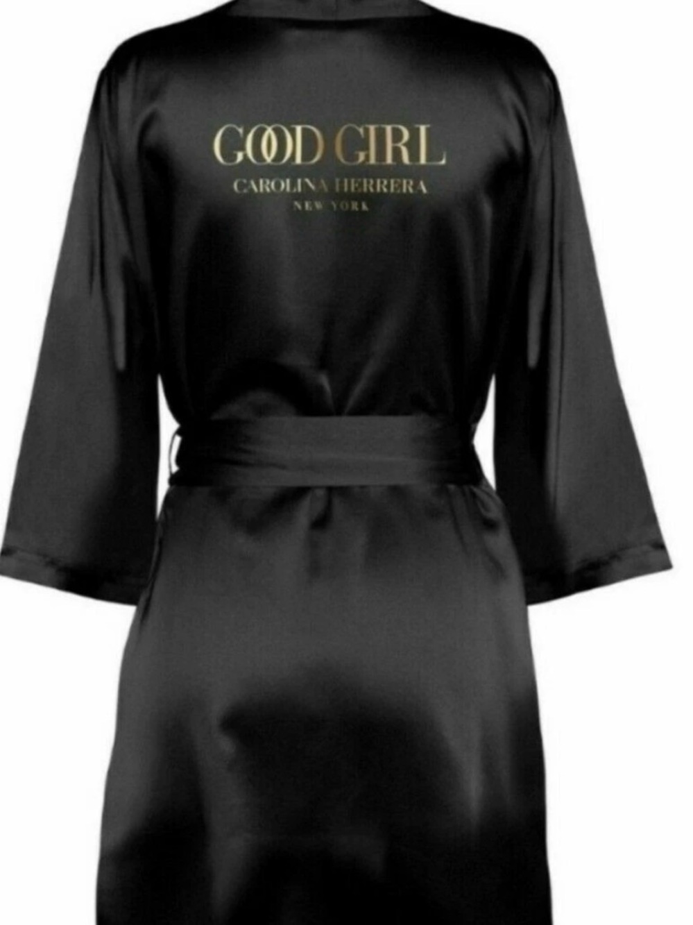 Carolina Herrera Black Satin Kimono-Style Robe with Tie Belt - Picture 6 of 8